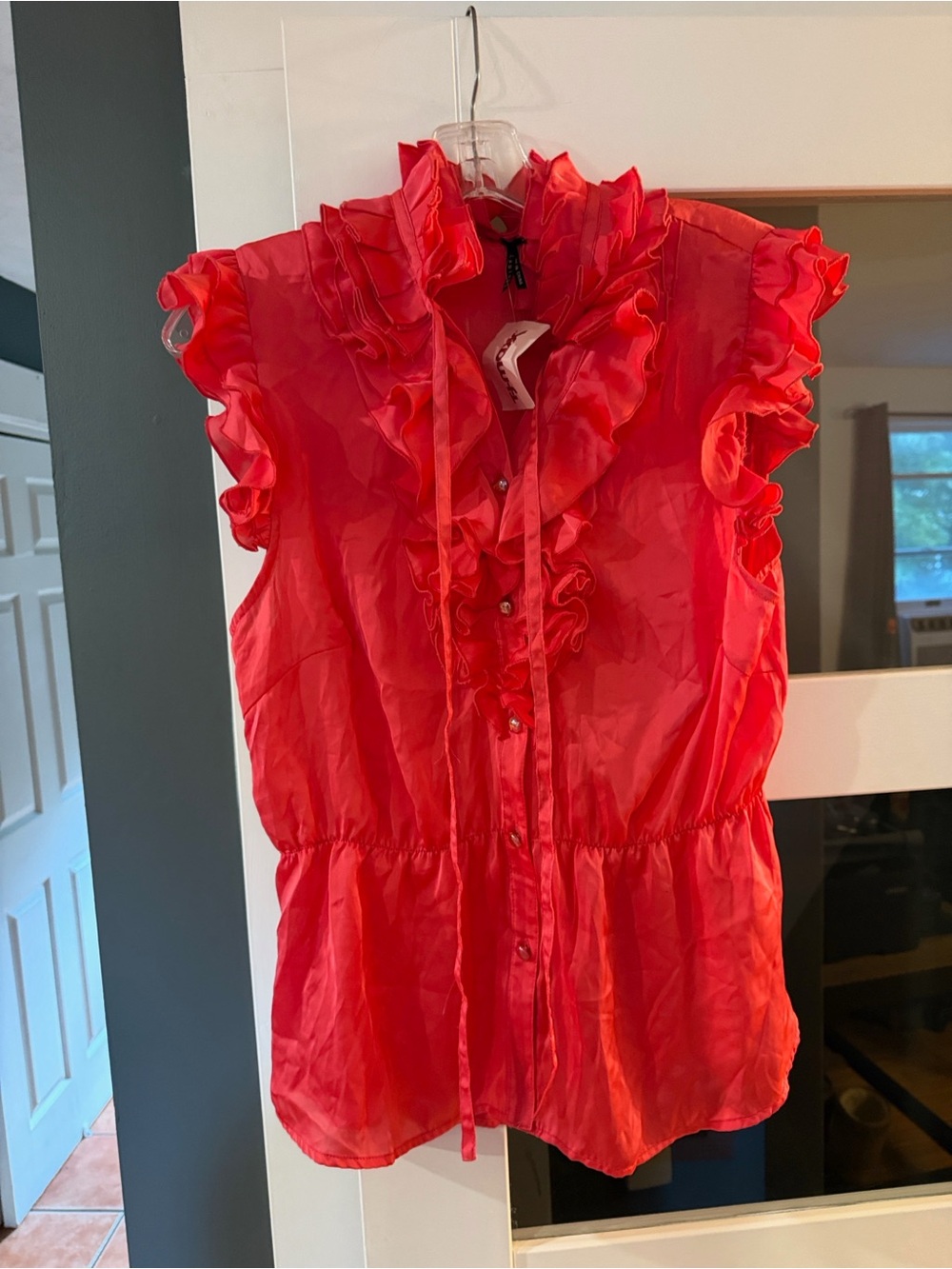 Lapis Red Ruffled Sleeveless Button-Front Blouse